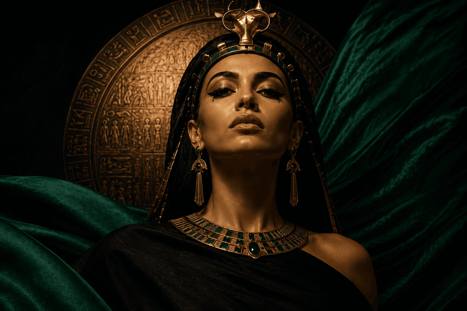 Cleopatra-inspired woman in emerald fabric and gold jewelry